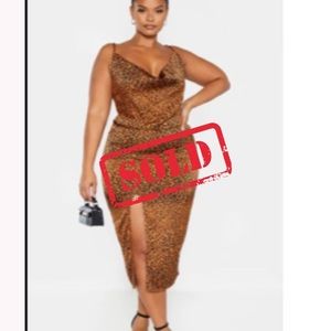 SOLD Plus Size Leopard Print Satin Cowl Midi Dress